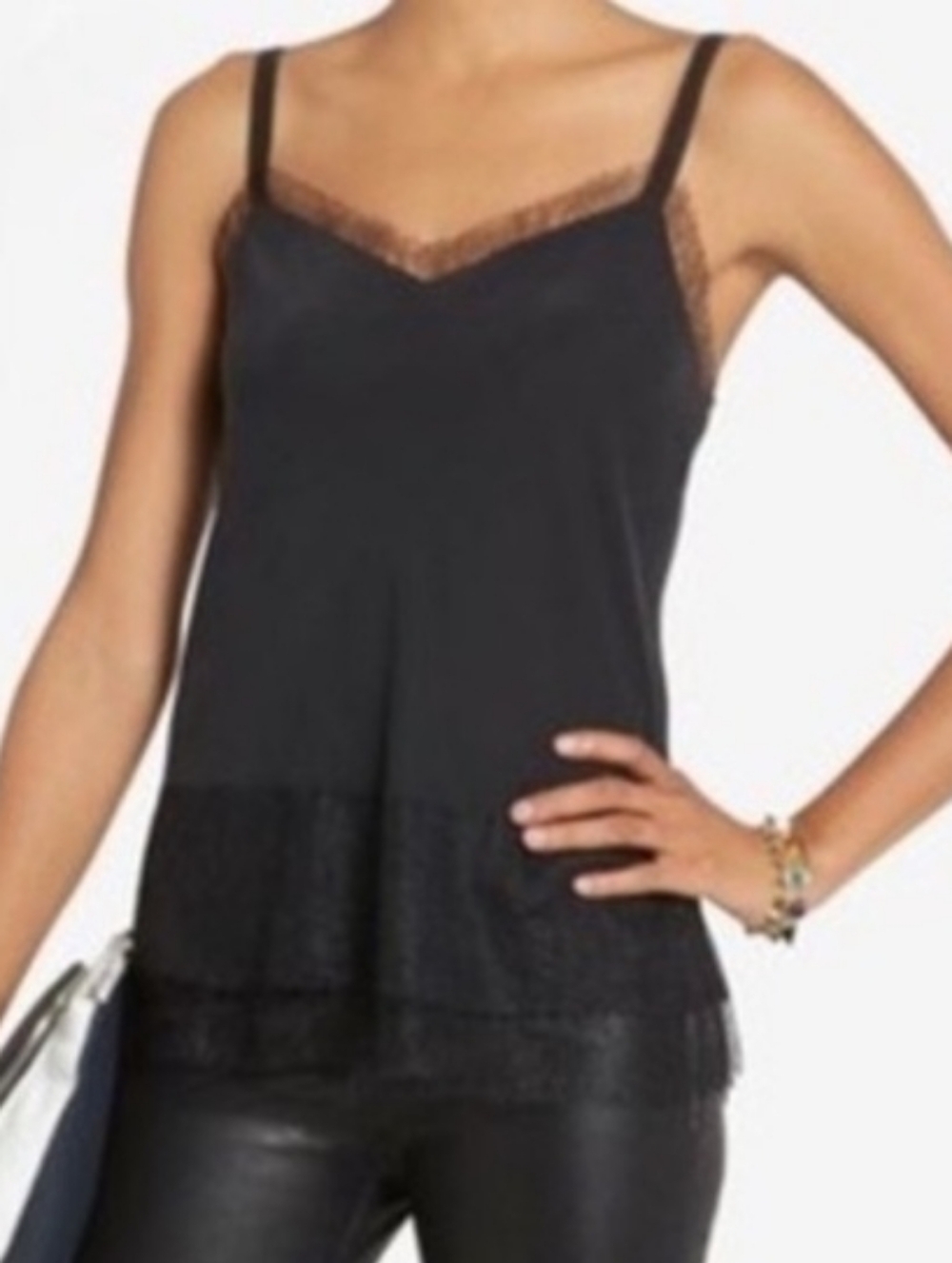 Rag & Bone 100% silk Camisole Maya  Lace-Trim  V-Neck Black Tank Top